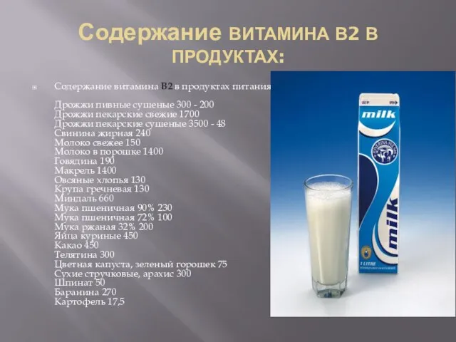 Содержание ВИТАМИНА В2 В ПРОДУКТАХ: Содержание витамина B2 в продуктах питания: Дрожжи