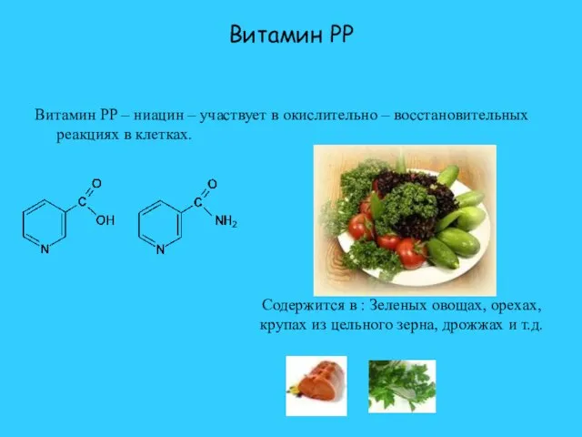 Витамин PP Витамин PP – ниацин – участвует в окислительно – восстановительных