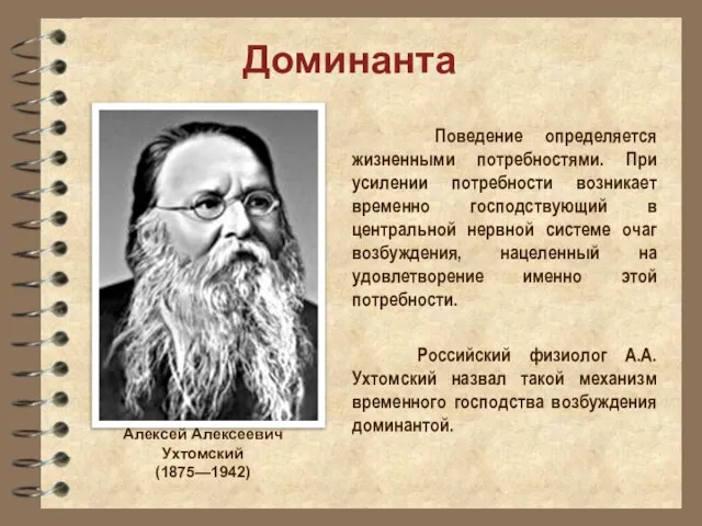 Доминанта Поведение определяется жизненными потребностями. При усилении потребности возникает временно господствующий в