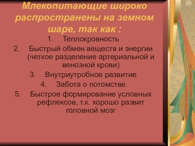 Млекопитающие широко распространены на земном шаре, так как : Теплокровность Быстрый обмен