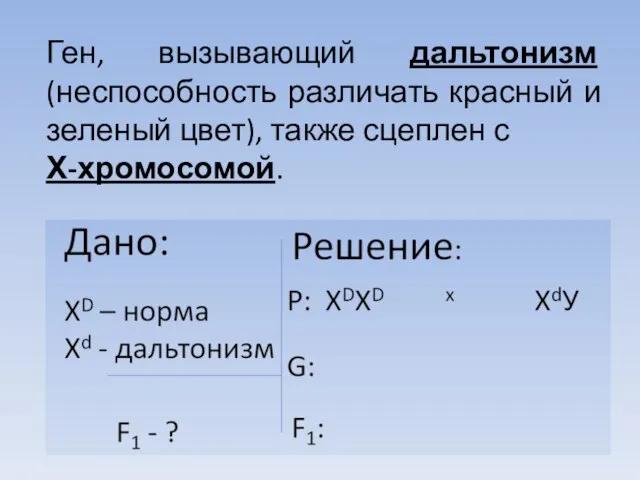 Ген, вызывающий дальтонизм (неспособность различать красный и зеленый цвет), также сцеплен с Х-хромосомой.