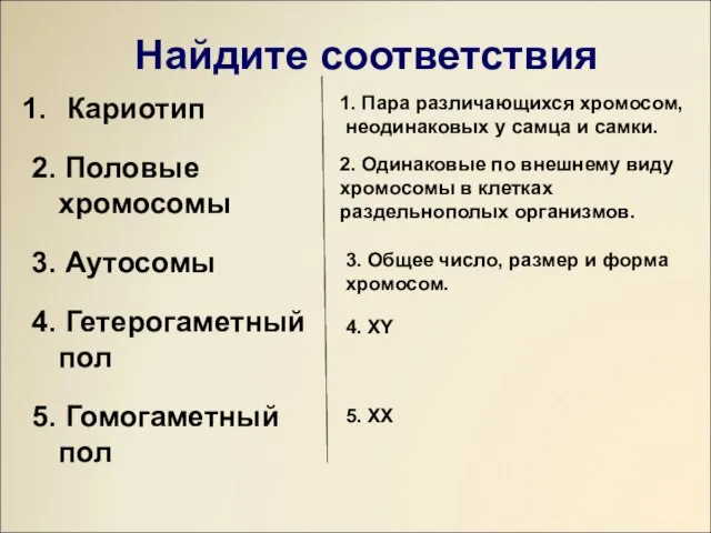 Найдите соответствия Кариотип 2. Половые хромосомы 3. Аутосомы 4. Гетерогаметный пол 5.