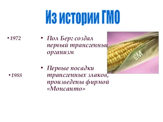 Пол Берг создал первый трансгенный организм Первые посадки трансгенных злаков, произведены фирмой