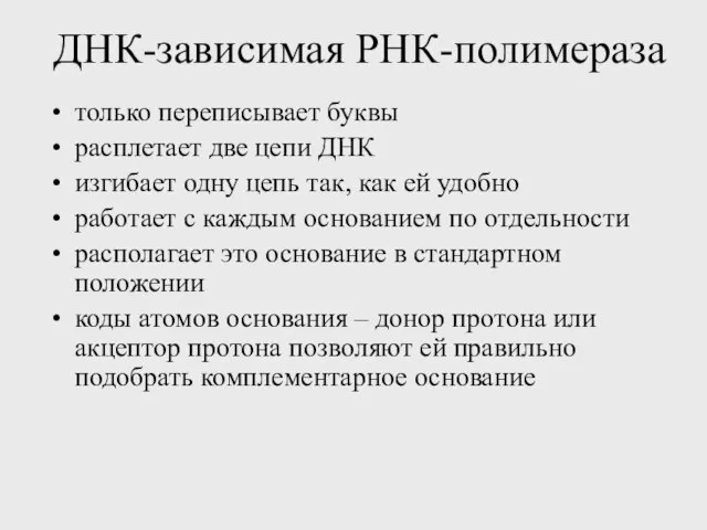 ДНК-зависимая РНК-полимераза только переписывает буквы расплетает две цепи ДНК изгибает одну цепь