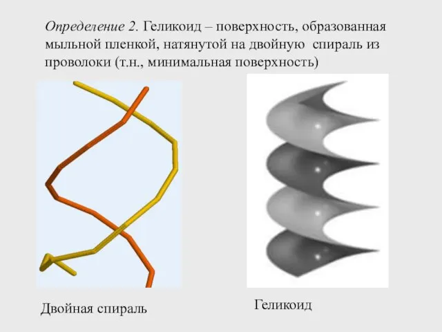 Определение 2. Геликоид – поверхность, образованная мыльной пленкой, натянутой на двойную спираль