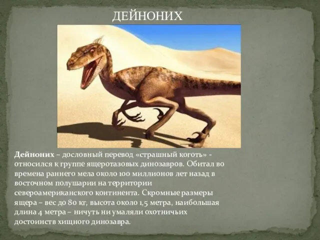 Дейноних – дословный перевод «страшный коготь» - относился к группе ящеротазовых динозавров.