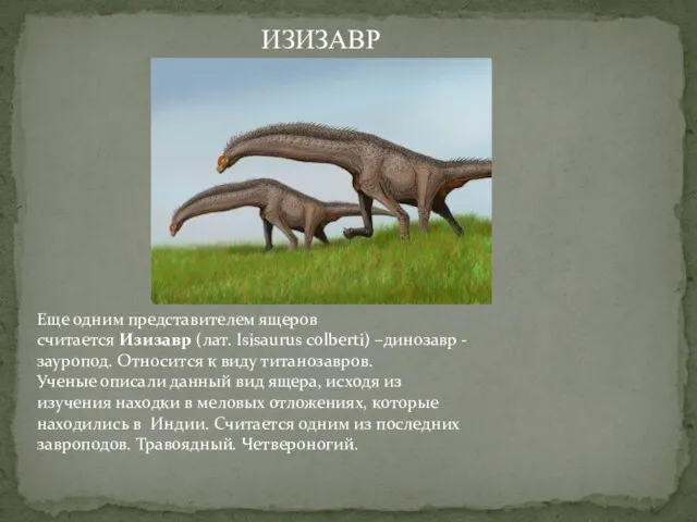 Еще одним представителем ящеров считается Изизавр (лат. Isisaurus colberti) –динозавр - зауропод.