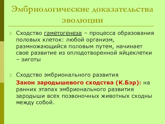 Эмбриологические доказательства эволюции Сходство гаметогенеза – процесса образования половых клеток: любой организм,