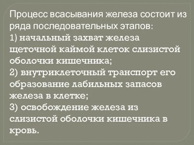 Процесс всасывания железа состоит из ряда последовательных этапов: 1) начальный захват железа