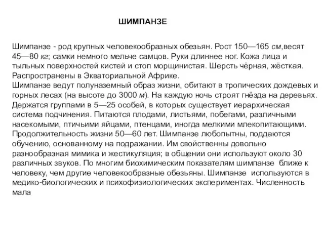 ШИМПАНЗЕ Шимпанзе - род крупных человекообразных обезьян. Рост 150—165 см,весят 45—80 кг;