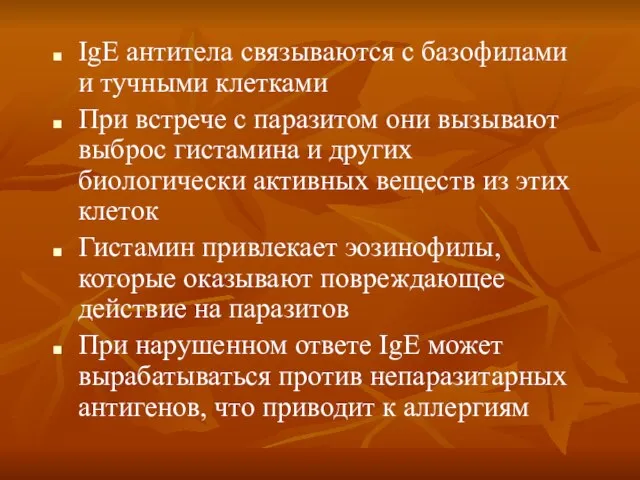 IgE антитела связываются с базофилами и тучными клетками При встрече с паразитом