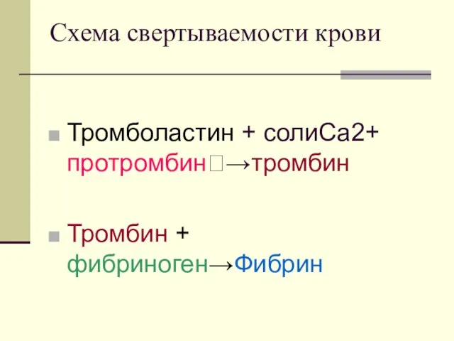 Схема свертываемости крови Тромболастин + солиСа2+ протромбин→тромбин Тромбин + фибриноген→Фибрин