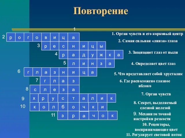 Повторение 1. Орган чувств и его корковый центр 2. Самая сильная «линза»