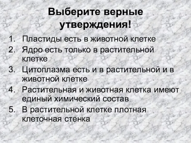 Выберите верные утверждения! Пластиды есть в животной клетке Ядро есть только в