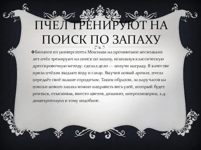 ПЧЕЛ ТРЕНИРУЮТ НА ПОИСК ПО ЗАПАХУ Биологи из университета Монтаны на протяжении