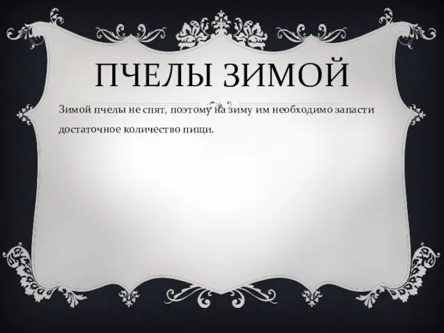 ПЧЕЛЫ ЗИМОЙ Зимой пчелы не спят, поэтому на зиму им необходимо запасти достаточное количество пищи.