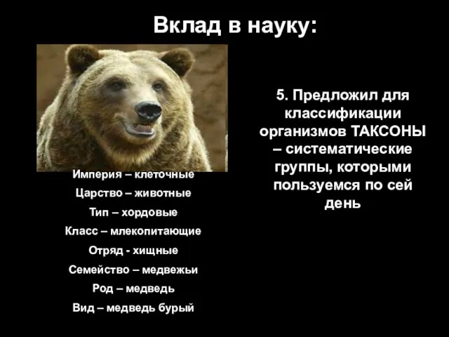 Вклад в науку: 5. Предложил для классификации организмов ТАКСОНЫ – систематические группы,