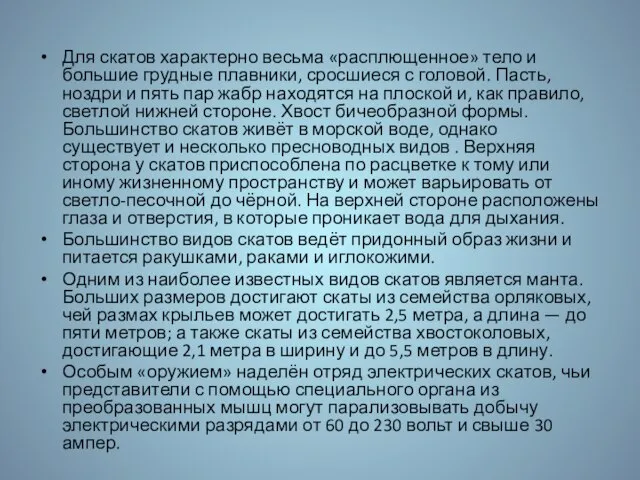 Для скатов характерно весьма «расплющенное» тело и большие грудные плавники, сросшиеся с