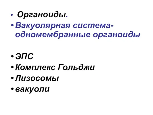 Органоиды. Вакуолярная система- одномембранные органоиды ЭПС Комплекс Гольджи Лизосомы вакуоли