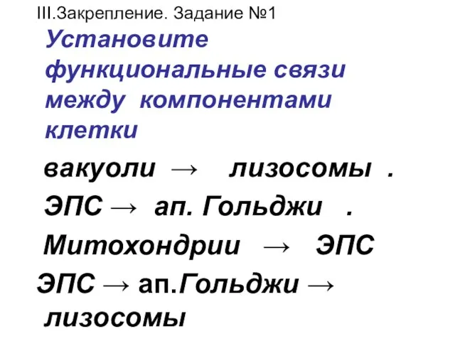 III.Закрепление. Задание №1 Установите функциональные связи между компонентами клетки вакуоли → лизосомы