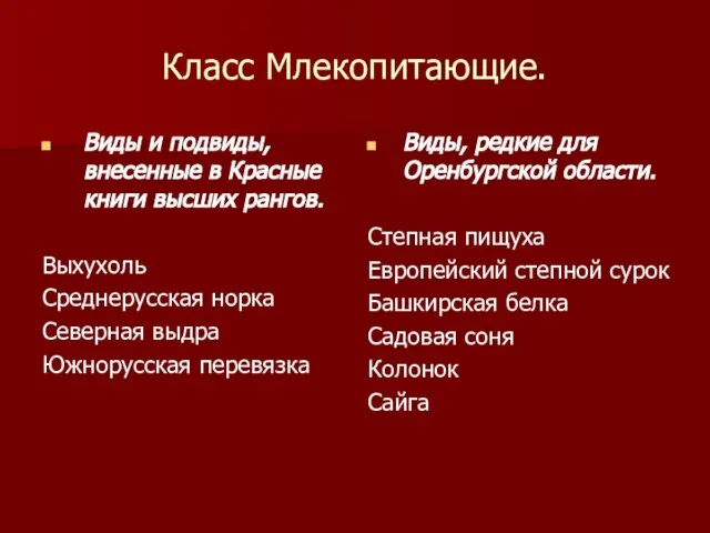 Класс Млекопитающие. Виды и подвиды, внесенные в Красные книги высших рангов. Выхухоль