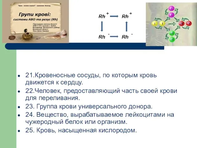 21.Кровеносные сосуды, по которым кровь движется к сердцу. 22.Человек, предоставляющий часть своей