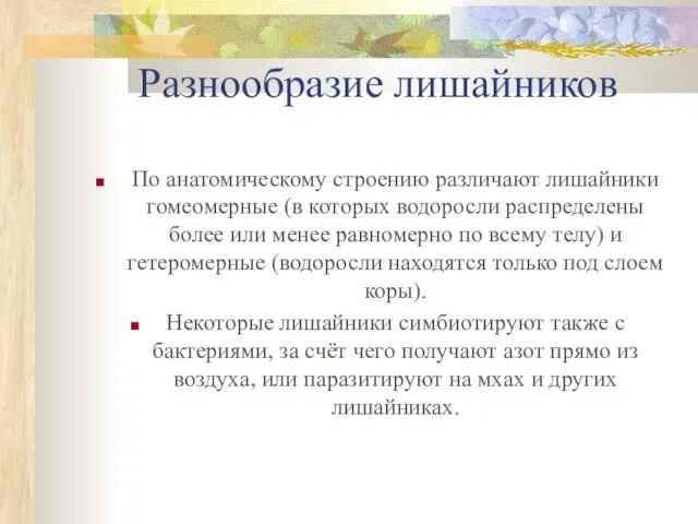 Разнообразие лишайников По анатомическому стpоению pазличают лишайники гомеомеpные (в котоpых водоpосли pаспpеделены