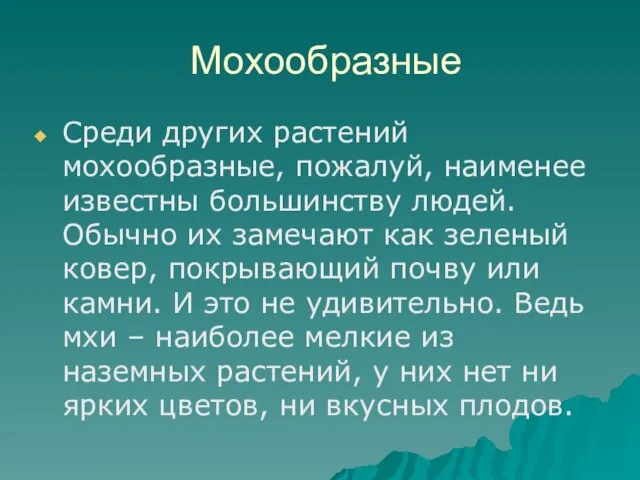 Мохообразные Среди других растений мохообразные, пожалуй, наименее известны большинству людей. Обычно их