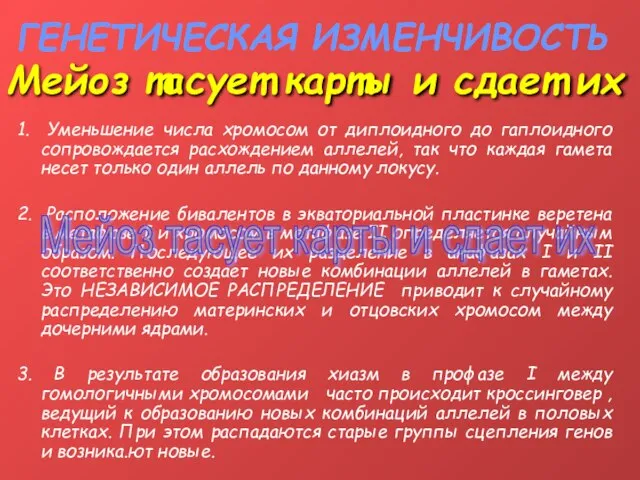 ГЕНЕТИЧЕСКАЯ ИЗМЕНЧИВОСТЬ 1. Уменьшение числа хромосом от диплоидного до гаплоидного сопровождается расхождением