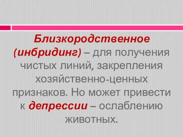 Близкородственное (инбридинг) – для получения чистых линий, закрепления хозяйственно-ценных признаков. Но может