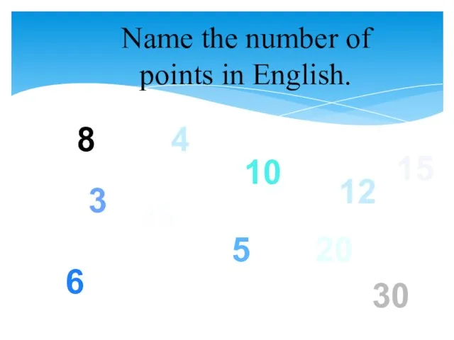 Name the number of points in English. 20 25 3 4 8
