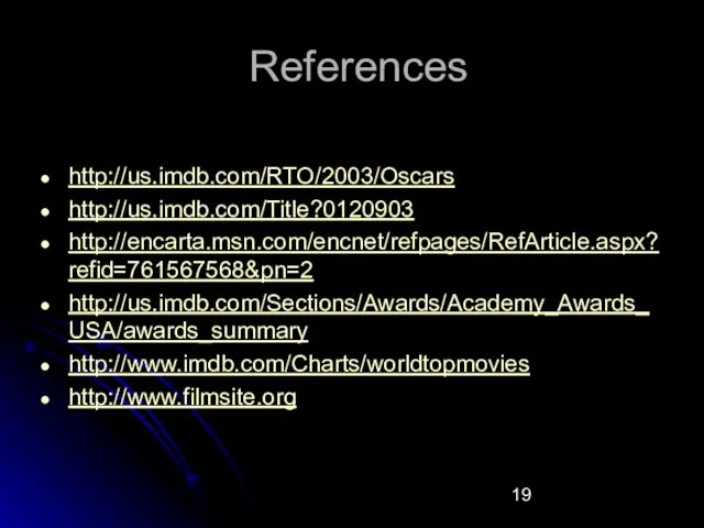 References http://us.imdb.com/RTO/2003/Oscars http://us.imdb.com/Title?0120903 http://encarta.msn.com/encnet/refpages/RefArticle.aspx?refid=761567568&pn=2 http://us.imdb.com/Sections/Awards/Academy_Awards_USA/awards_summary http://www.imdb.com/Charts/worldtopmovies http://www.filmsite.org