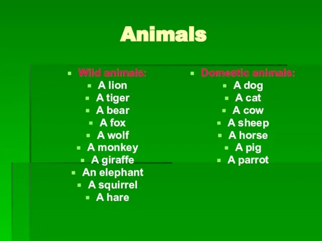Animals Wild animals: A lion A tiger A bear A fox A