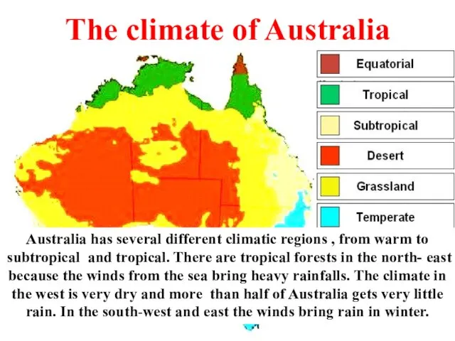 The climate of Australia Australia has several different climatic regions , from