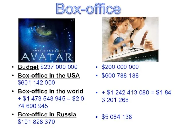 Box-office Budget $237 000 000 Box-office in the USA $601 142 000