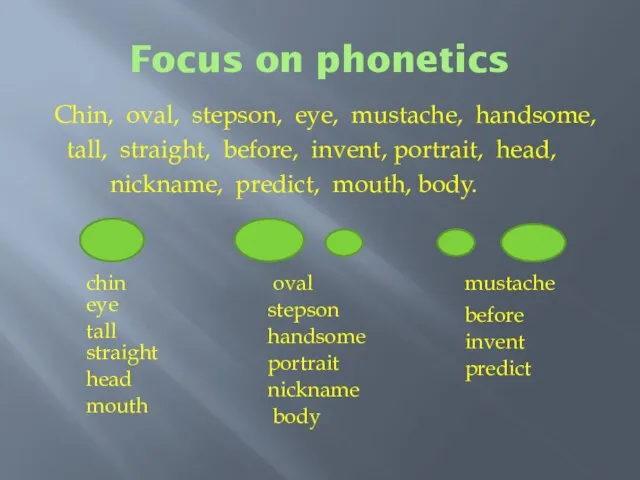 Focus on phonetics Chin, oval, stepson, eye, mustache, handsome, tall, straight, before,