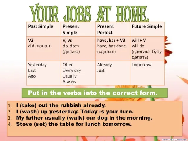 YOUR JOBS AT HOME. Put in the verbs into the correct form.