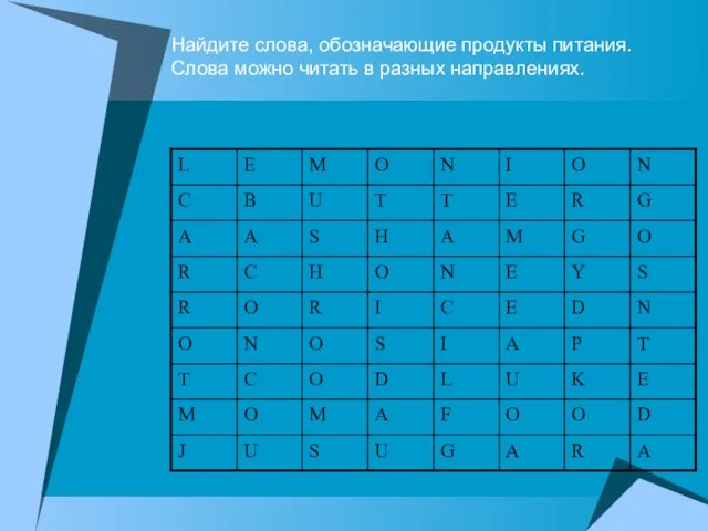 Найдите слова, обозначающие продукты питания. Слова можно читать в разных направлениях.