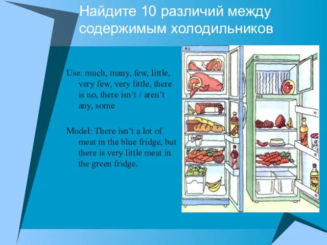 Найдите 10 различий между содержимым холодильников Use: much, many, few, little, very