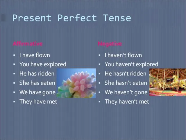 Present Perfect Tense Affirmative Negative I have flown You have explored He