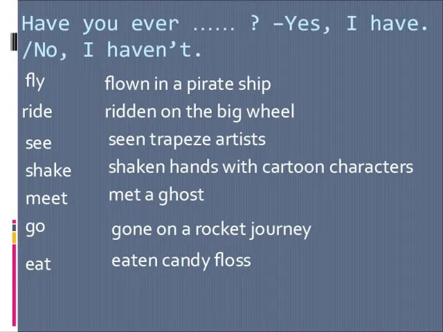 Have you ever …… ? –Yes, I have. /No, I haven’t. fly