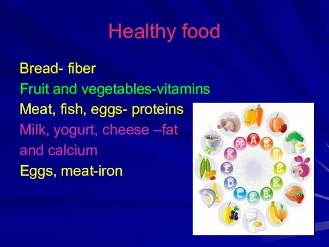 Healthy food Bread- fiber Fruit and vegetables-vitamins Meat, fish, eggs- proteins Milk,