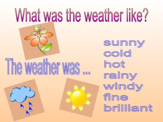 What was the weather like? The weather was ... sunny cold hot rainy windy fine brilliant