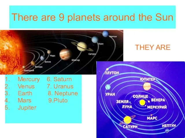 There are 9 planets around the Sun Mercury 6. Saturn Venus 7.
