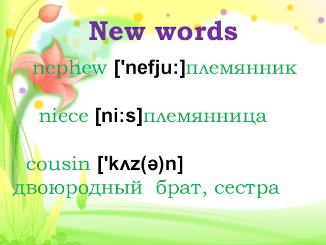 New words nephew ['nefju:]племянник niece [ni:s]племянница cousin ['kʌz(ə)n]двоюродный брат, сестра
