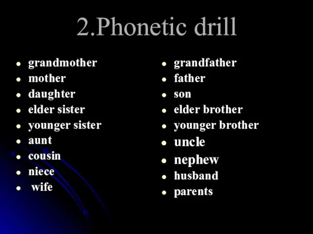2.Phonetic drill grandmother mother daughter elder sister younger sister aunt cousin niece