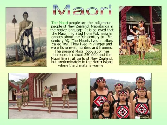 The Maori people are the indigenous people of New Zealand. Maoritanga is