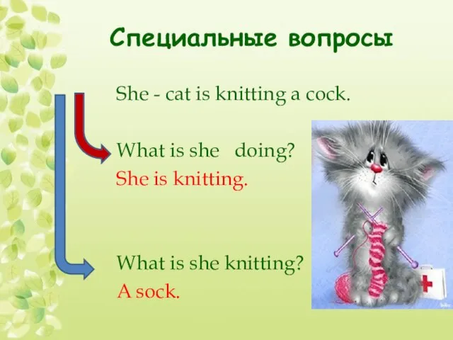 Специальные вопросы She - cat is knitting a cock. What is she