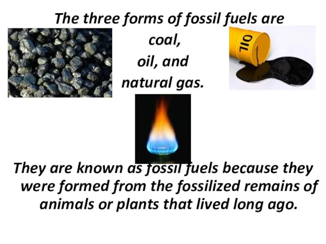 The three forms of fossil fuels are coal, oil, and natural gas.