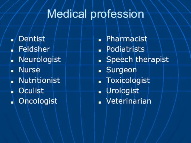 Medical profession Dentist Feldsher Neurologist Nurse Nutritionist Oculist Oncologist Pharmacist Podiatrists Speech